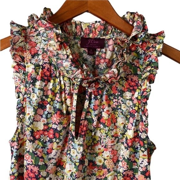 J. Crew Liberty Print Floral Ruffle Blouse Sleeveless Tie Split Neck Thorpe - Picture 4 of 16